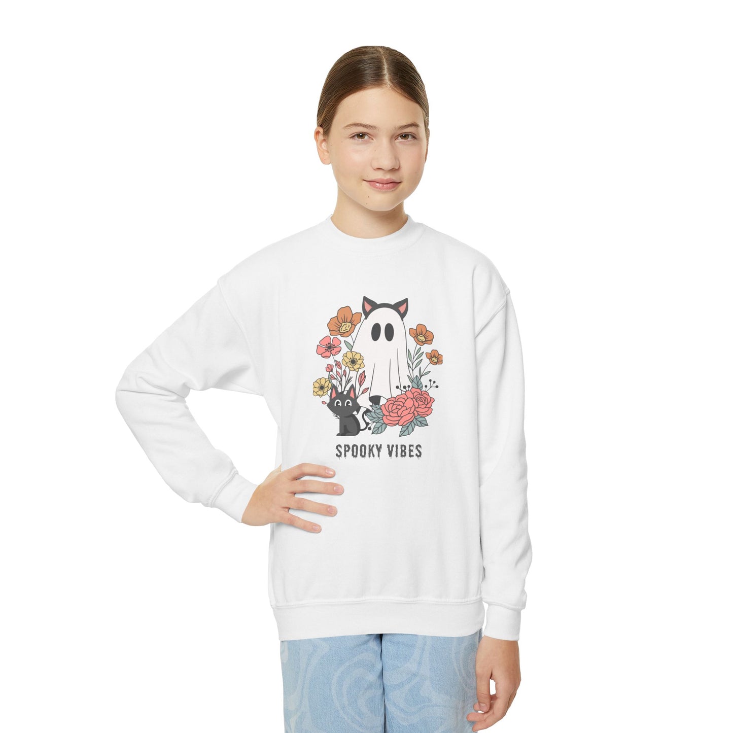 Spooky Vibes Youth Crewneck Sweatshirt - Cozy Halloween Sweater, Cute Ghost Design, Perfect for Fall, Kids' Halloween Gift, Everyday Wear