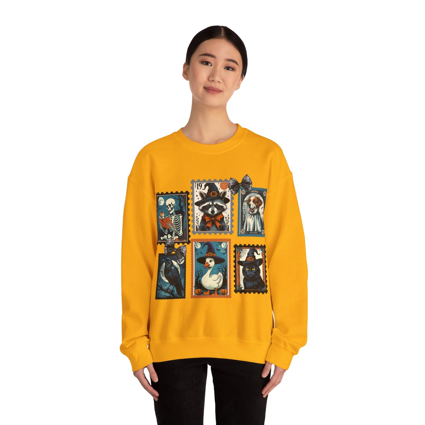 Vintage-Inspired Crewneck Sweatshirt with Spooky Stamp Design, Cozy Fall Apparel, Halloween Fashion, Unisex Sweatshirt, Quirky Gift Idea