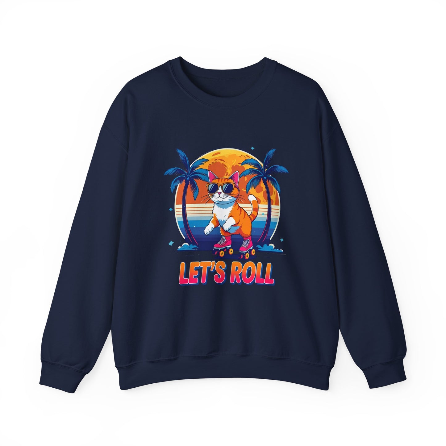 Chill Cat Vibes Crewneck Sweatshirt - Skater Cat Gift, Casual Style, Gift for Cat Lovers, Beach Theme, Summer Fashion, Fun Graphic Sweatshirt