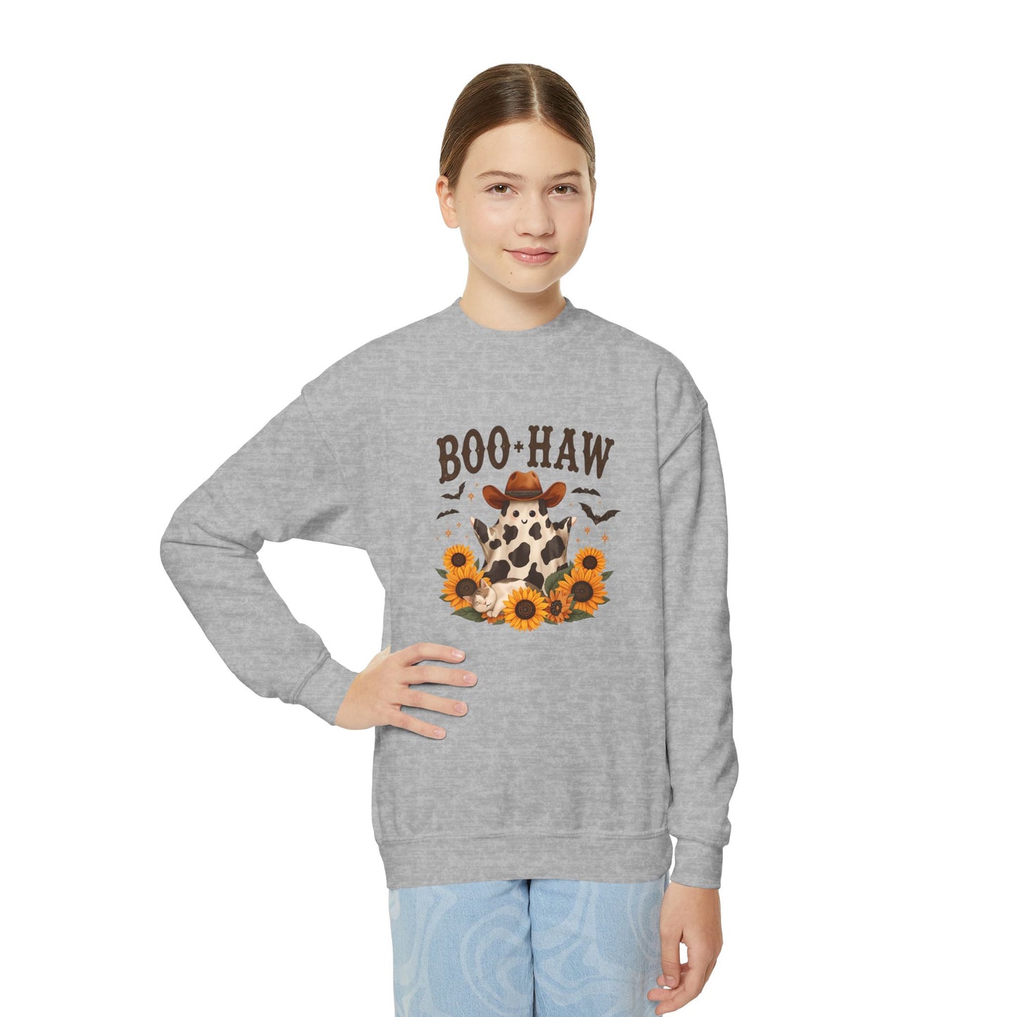 Youth Cowpoke Crewneck Sweatshirt - Autumn Vibes, BOO-HAW Graphic, Perfect for Halloween, Fall Celebrations, Cozy Outfits, Gift for Kids