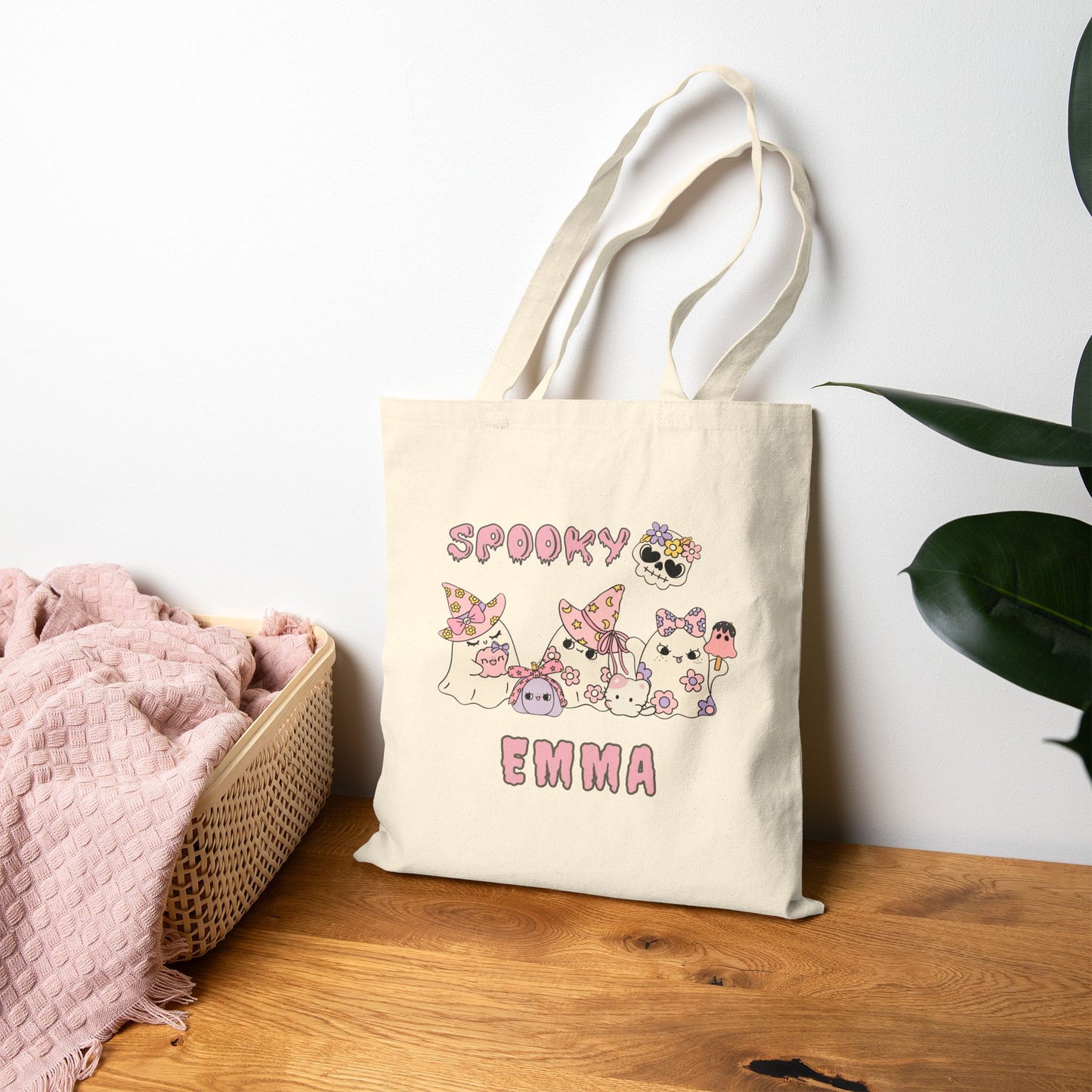 Spooky Personalized Cotton Canvas Tote Bag, Halloween Trick or Treat Tote, Eco-Friendly Shopping Bag, Cute Gift for Kids, Festival Bag, Custom Name Bag