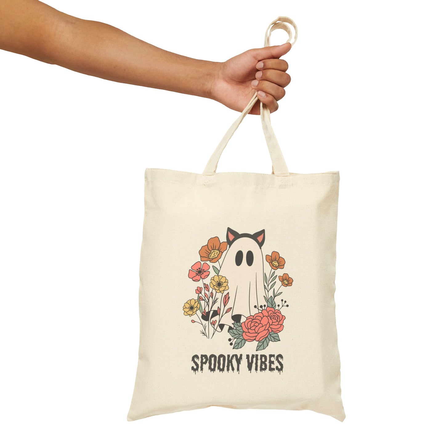 Spooky Vibes Cotton Canvas Tote Bag, Autumn Shopping Bag, Halloween Tote, Eco-Friendly Gift, Cute Reusable Bag