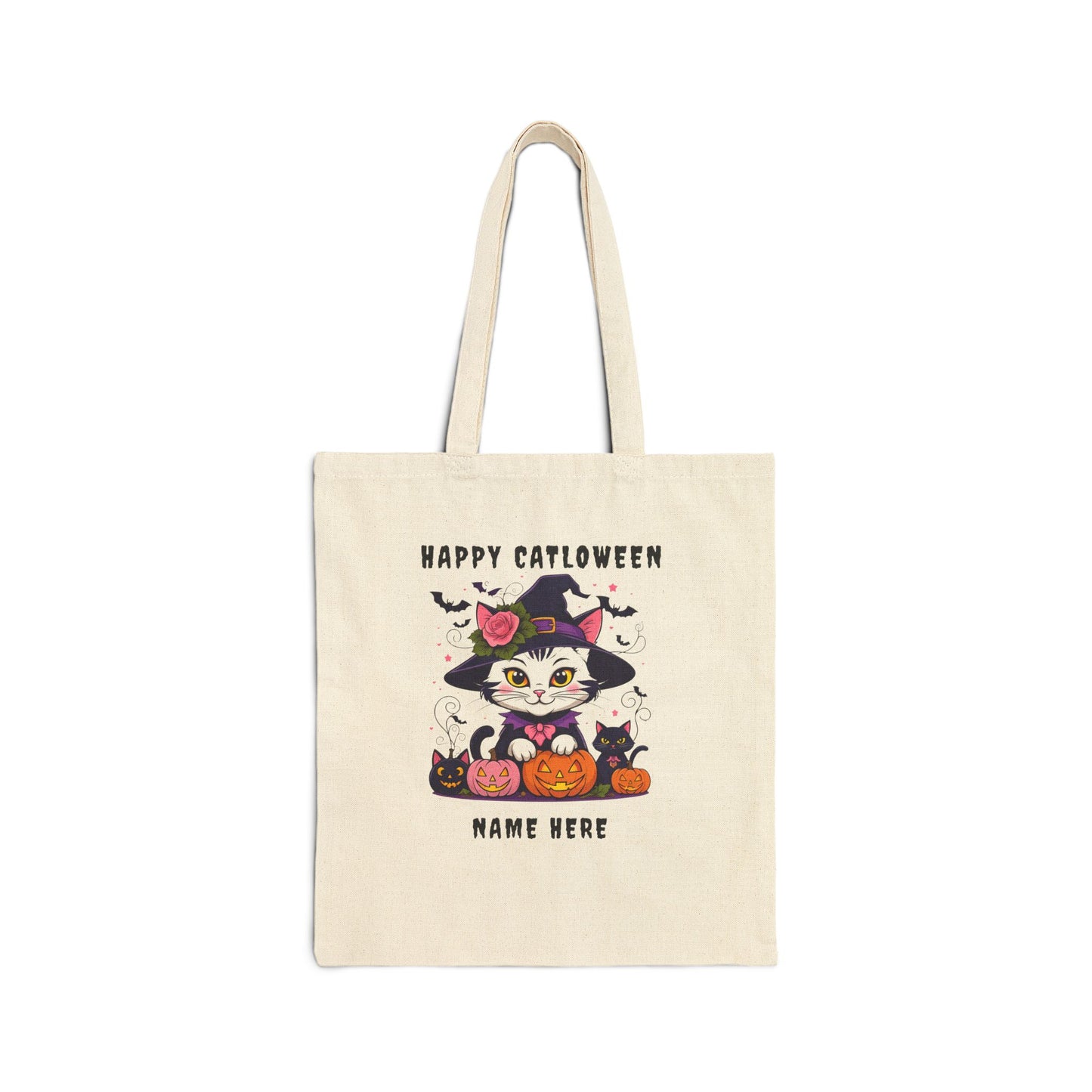 Happy Catlows Tote Bag, Cute Kid Halloween Tote, Personalized Canvas Bag, Trick or Treat Bag, Eco-Friendly Shopper