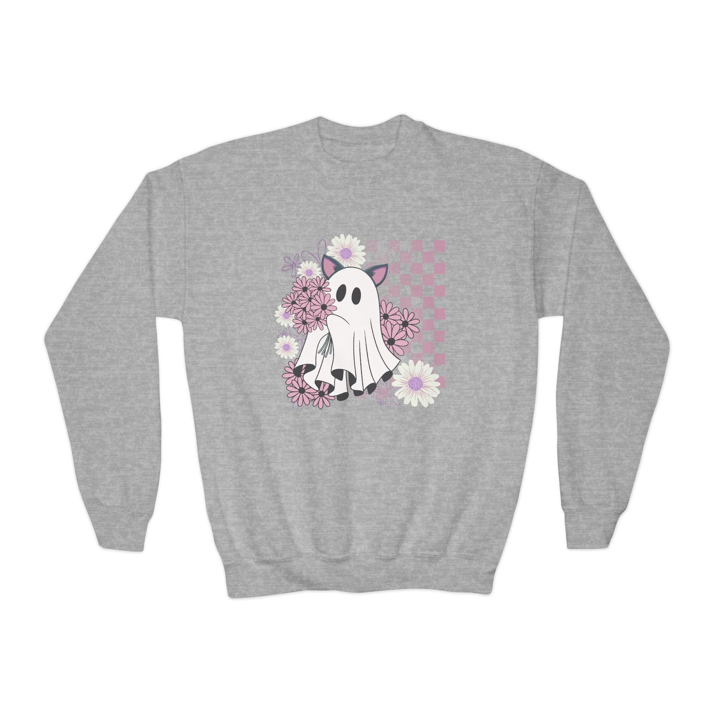 Cute Ghost Floral Sweatshirt for Kids, Youth Crewneck, Halloween Gift, Cozy Pullover, Fun Layering Piece, Ideal for Fall Celebrations