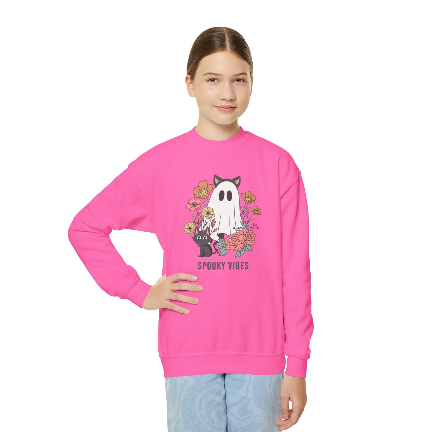 Spooky Vibes Youth Crewneck Sweatshirt - Cozy Halloween Sweater, Cute Ghost Design, Perfect for Fall, Kids' Halloween Gift, Everyday Wear