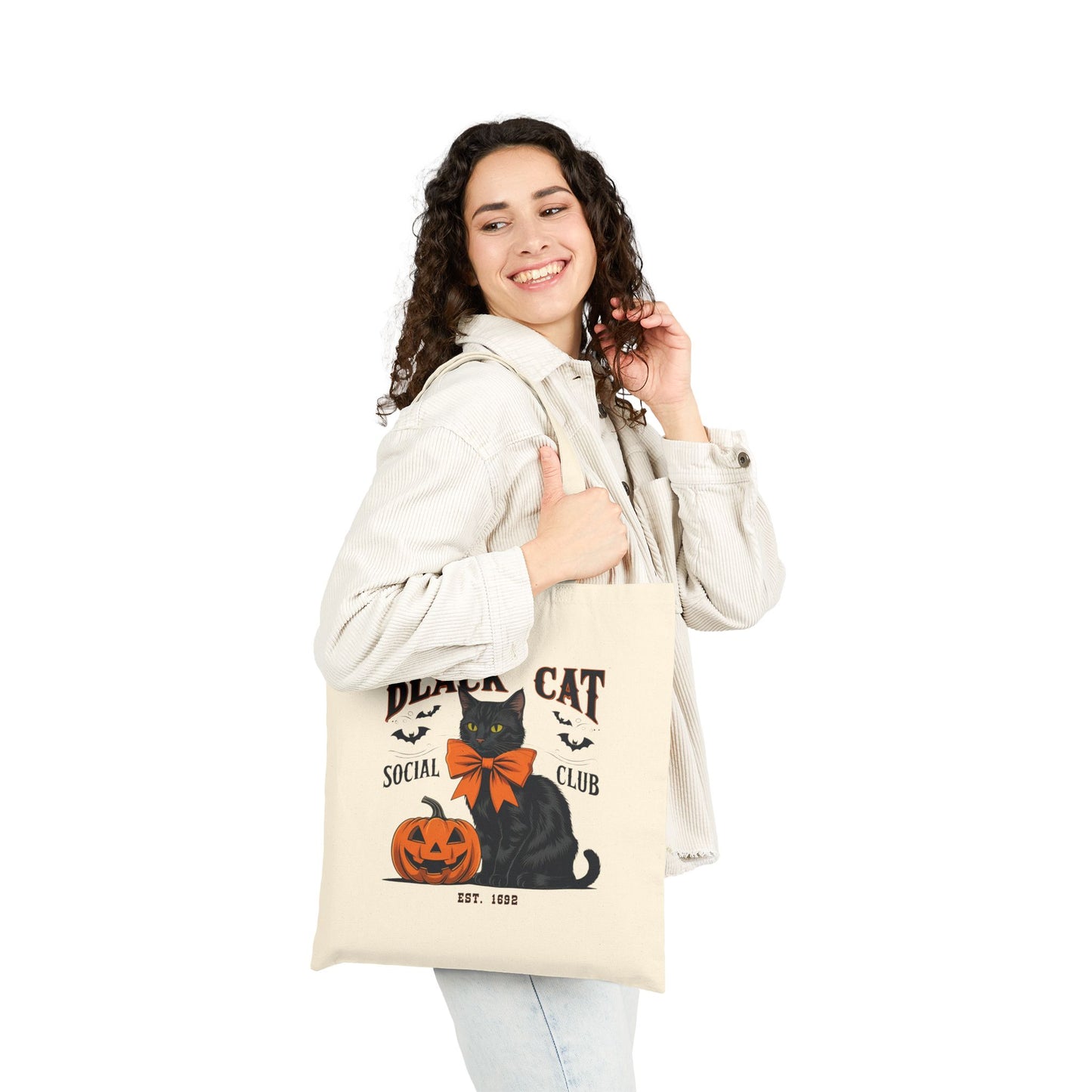 Halloween Black Cat Canvas Tote Bag, Black Cat Social Club Bag, Gift for Cat Lovers, Reusable Shopping Bag, Fall Decor