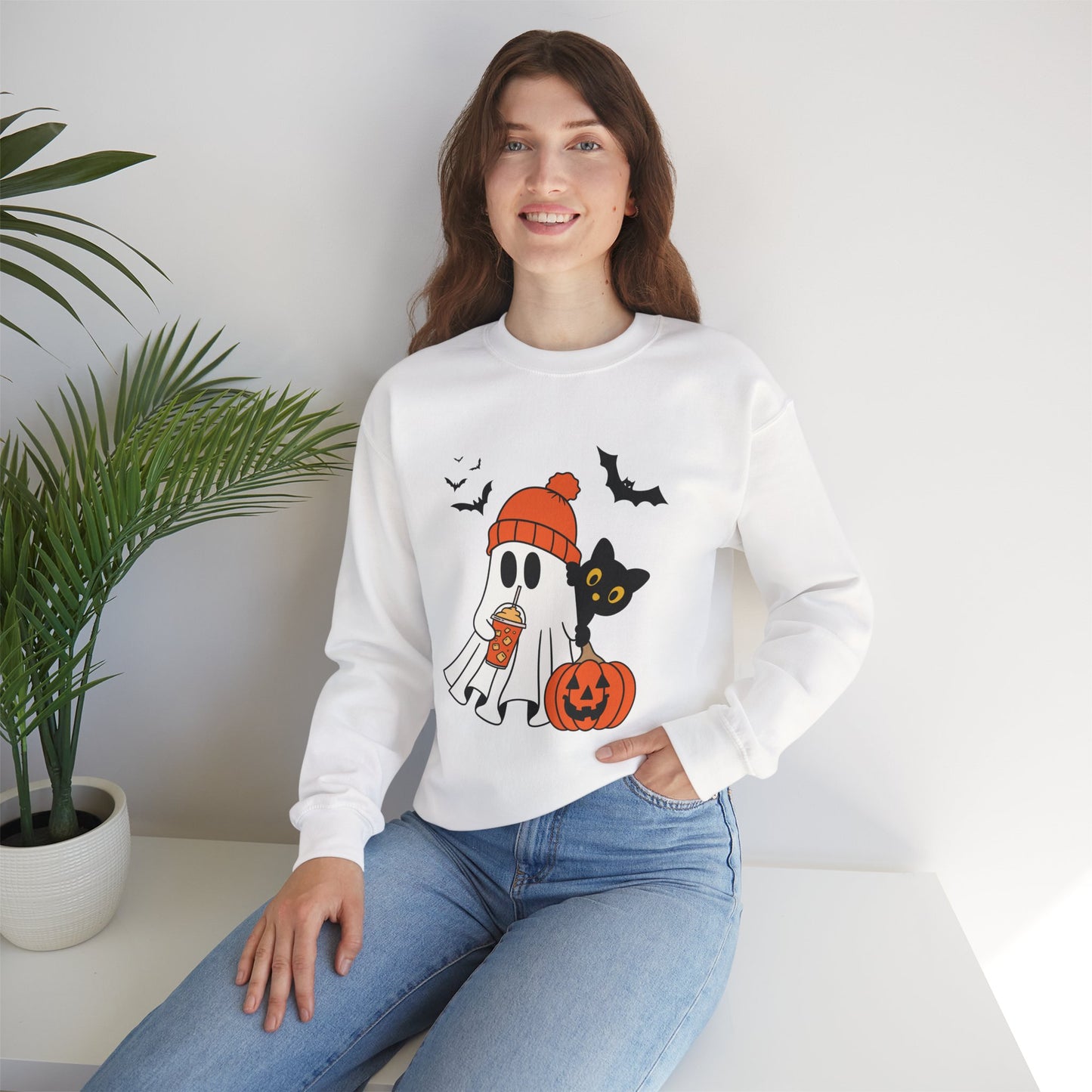 Halloween Ghost & Cat Sweatshirt, Cozy Fall Clothing, Unisex Crewneck, Spooky Season Apparel, Trick or Treat Fashion, Gift Idea