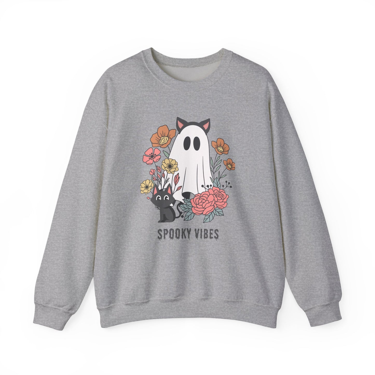 Spooky Vibes Crewneck Sweatshirt | Unisex Cozy Pullover for Fall, Halloween Apparel, Ghost Graphic Sweatshirt, Floral Sweatshirt