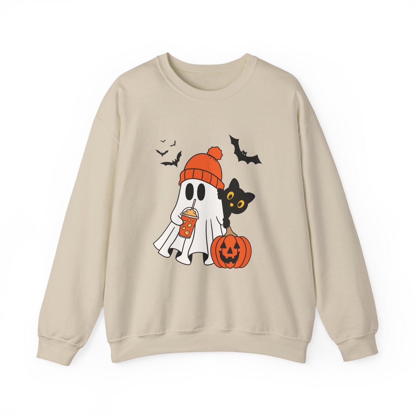 Halloween Ghost & Cat Sweatshirt, Cozy Fall Clothing, Unisex Crewneck, Spooky Season Apparel, Trick or Treat Fashion, Gift Idea