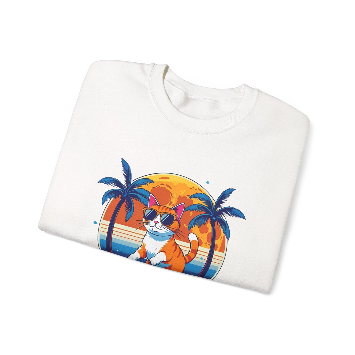 Chill Cat Vibes Crewneck Sweatshirt - Skater Cat Gift, Casual Style, Gift for Cat Lovers, Beach Theme, Summer Fashion, Fun Graphic Sweatshirt