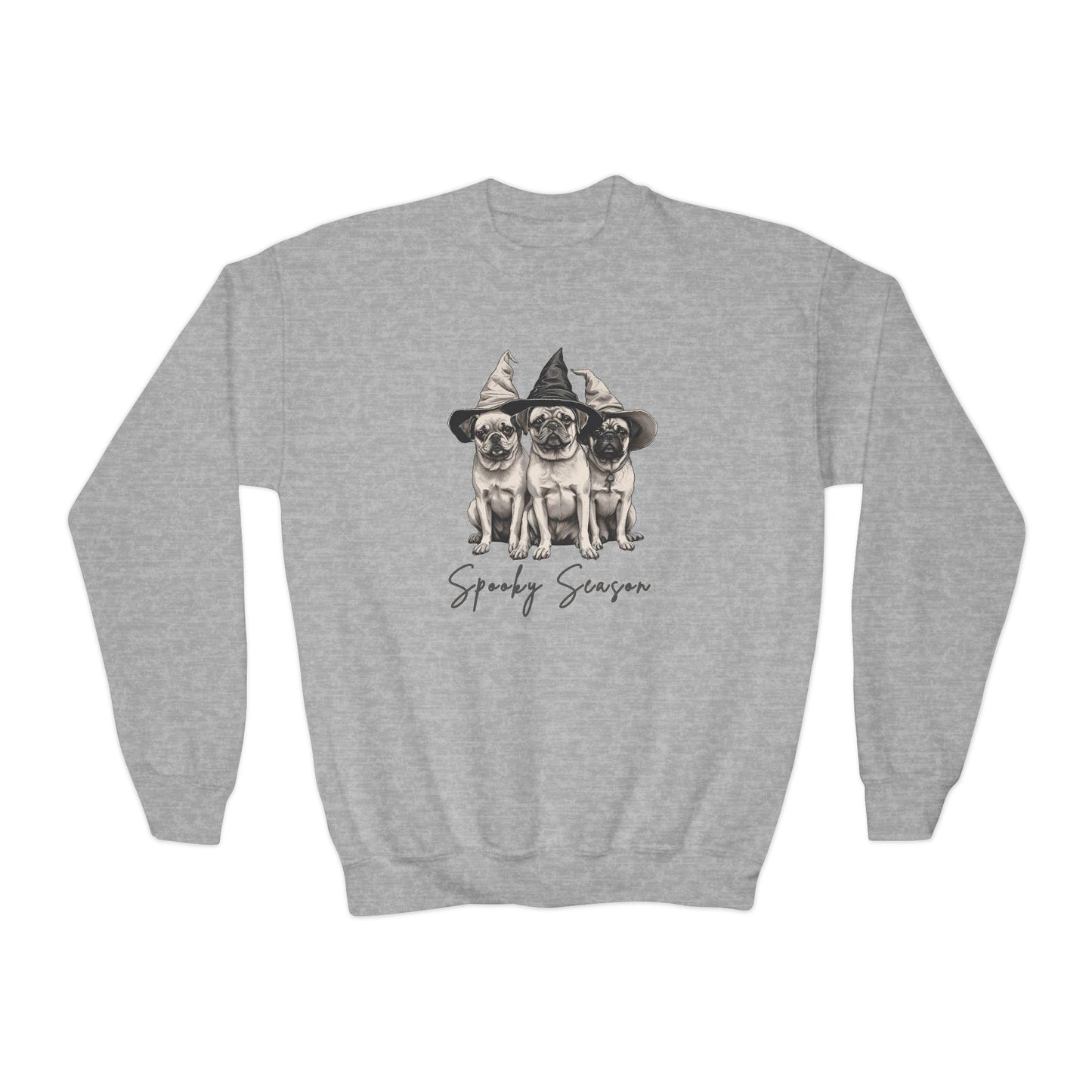 Youth Halloween Sweatshirt with Spooky Season Design, Fun Crewneck for Kids, Trick-or-Treat Apparel, Cute Pug Dog Lovers Gift, Cozy Fall Wear