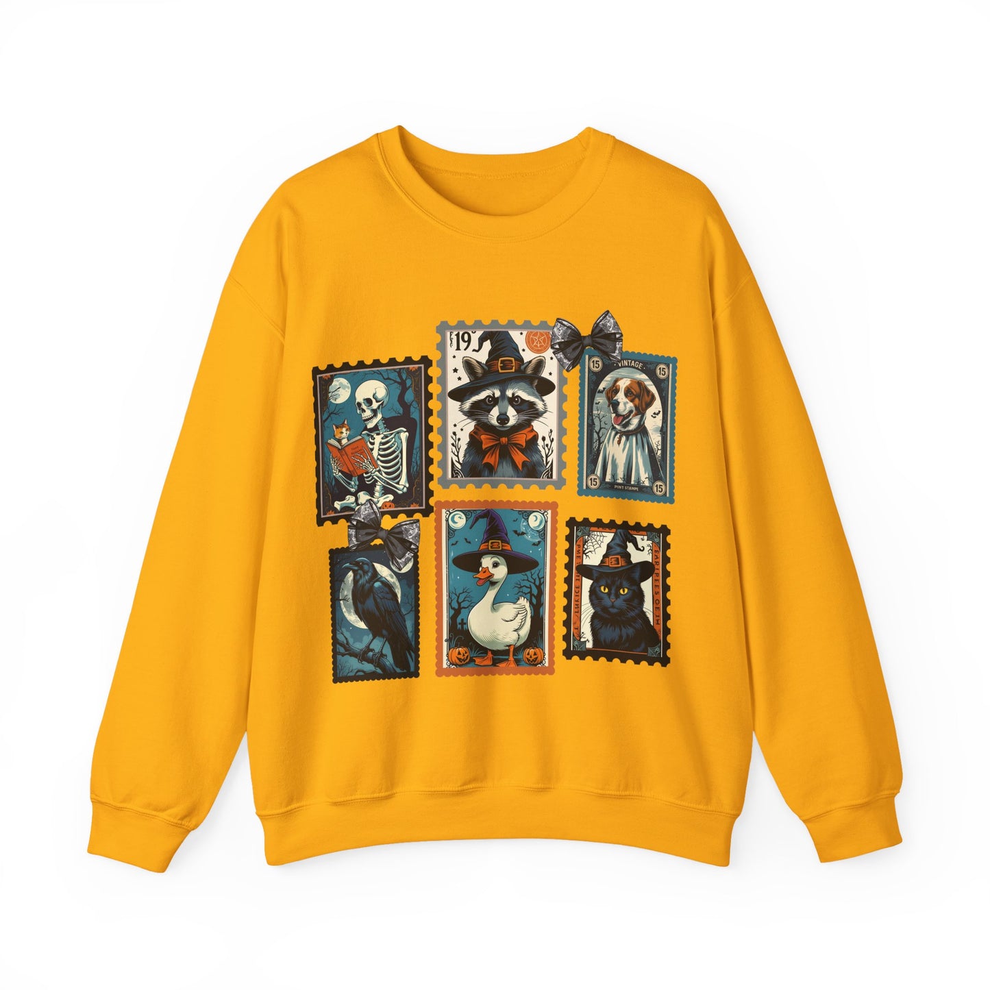 Vintage-Inspired Crewneck Sweatshirt with Spooky Stamp Design, Cozy Fall Apparel, Halloween Fashion, Unisex Sweatshirt, Quirky Gift Idea