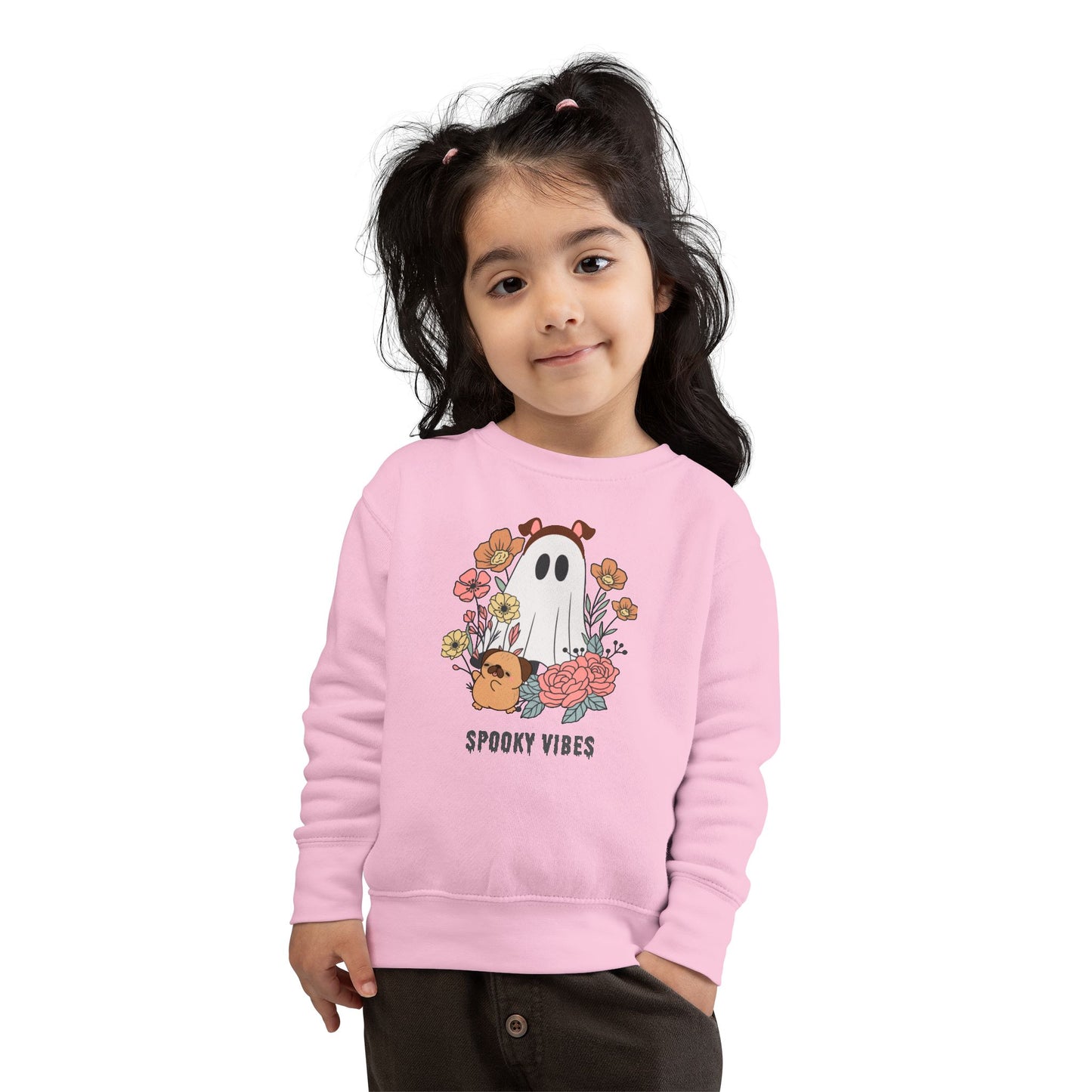 Spooky Vibes Toddler Sweatshirt, Cute Kids' Apparel, Halloween Outfit, Cozy Fall Clothing, Fun Ghost Design, Flower Print