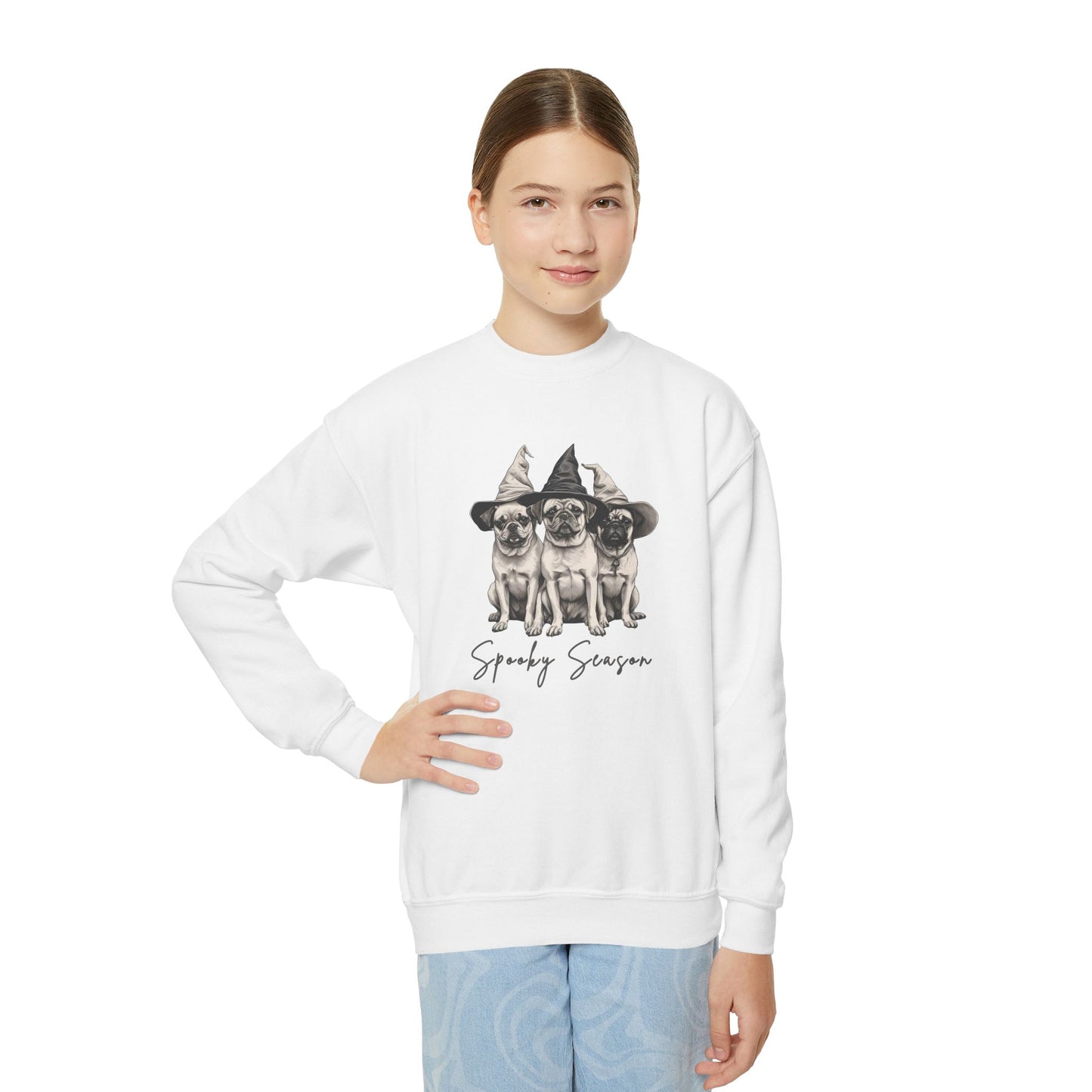 Spooky Season Youth Crewneck Sweatshirt | Cute Halloween Apparel, Gift for Kids, Trick or Treat, Fall Fashion, Cozy Sweatshirt