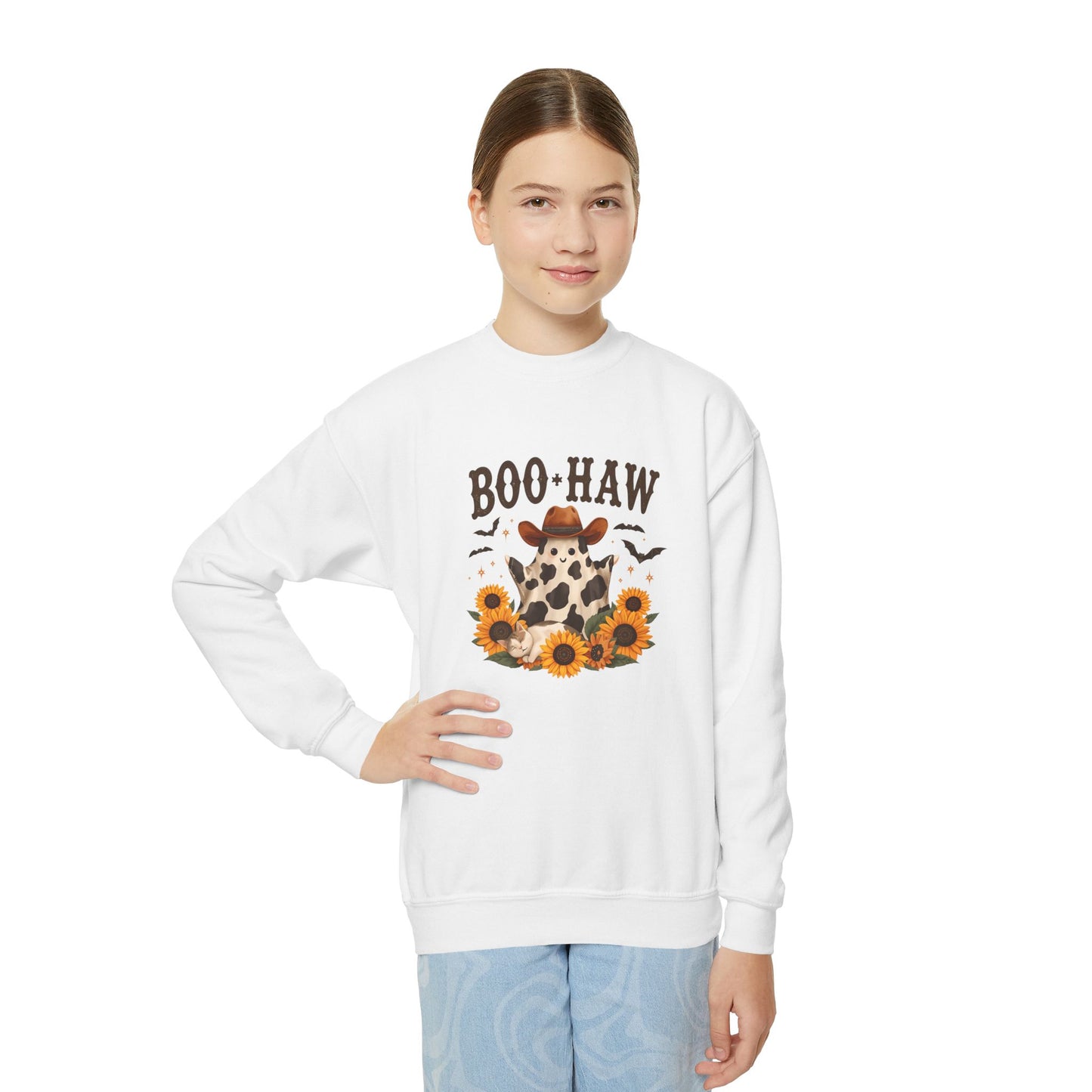 Youth Cowpoke Crewneck Sweatshirt - Autumn Vibes, BOO-HAW Graphic, Perfect for Halloween, Fall Celebrations, Cozy Outfits, Gift for Kids