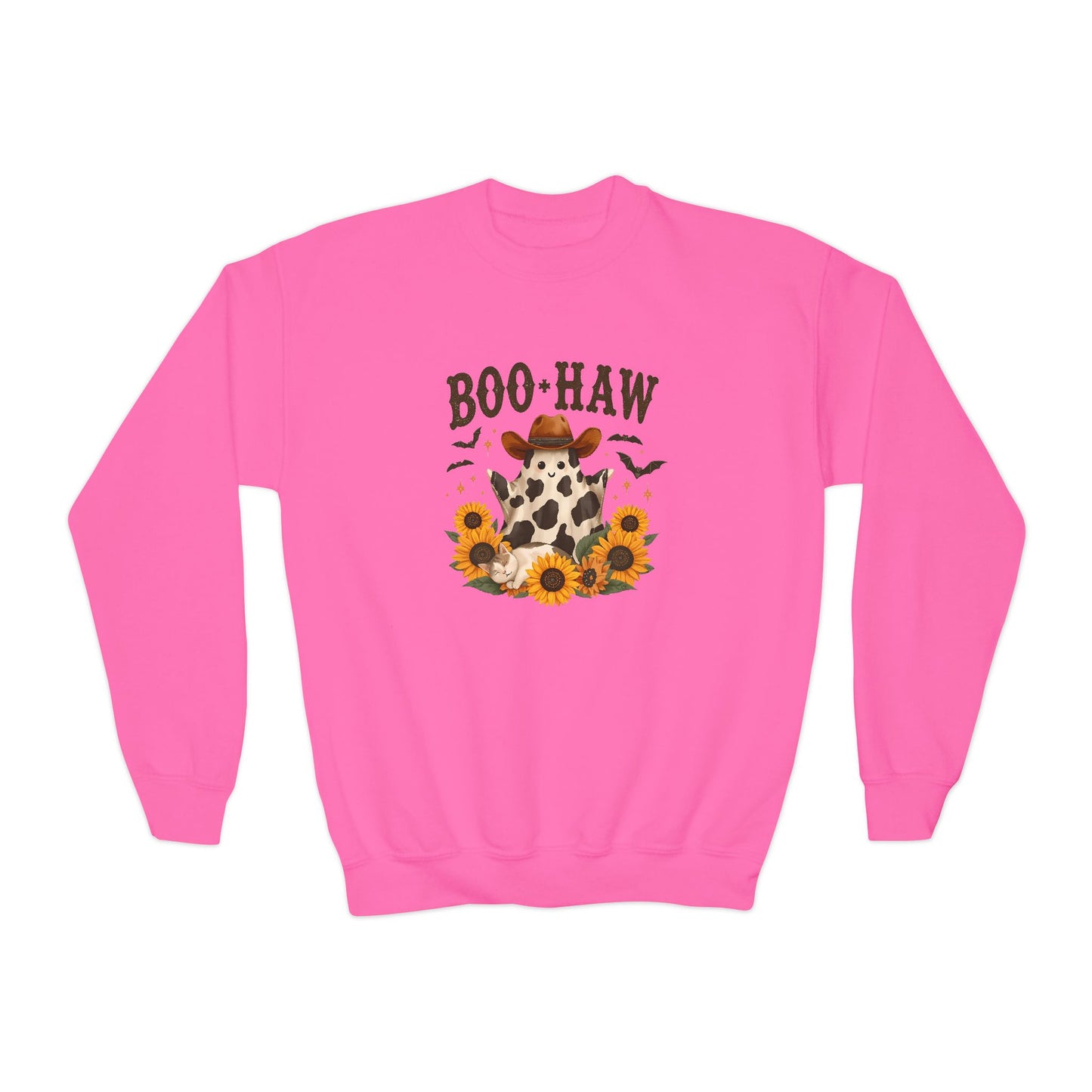 Youth Cowpoke Crewneck Sweatshirt - Autumn Vibes, BOO-HAW Graphic, Perfect for Halloween, Fall Celebrations, Cozy Outfits, Gift for Kids