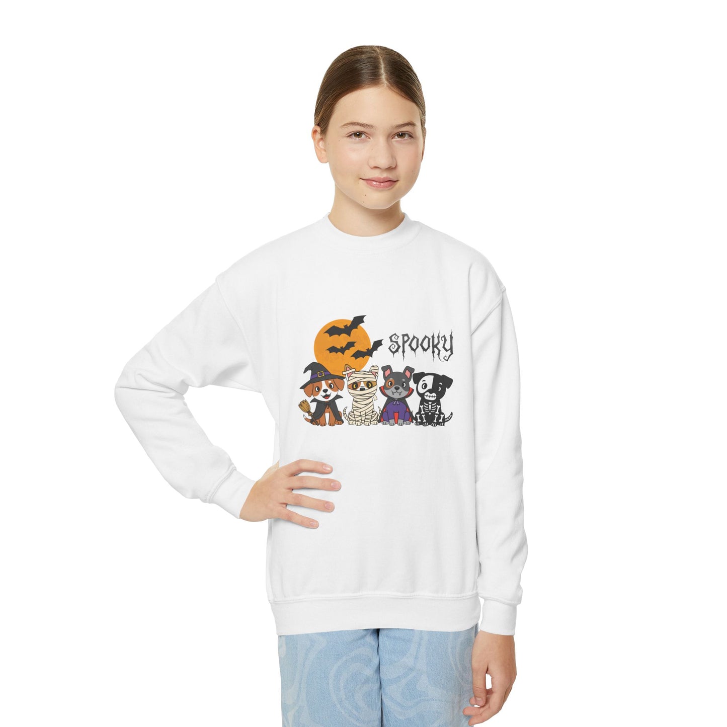 Spooky Youth Crewneck Sweatshirt, Halloween Sweatshirt, Cute Animal Graphic Sweatshirt, Kid's Cozy Sweatshirt, Holiday Gift for Kids