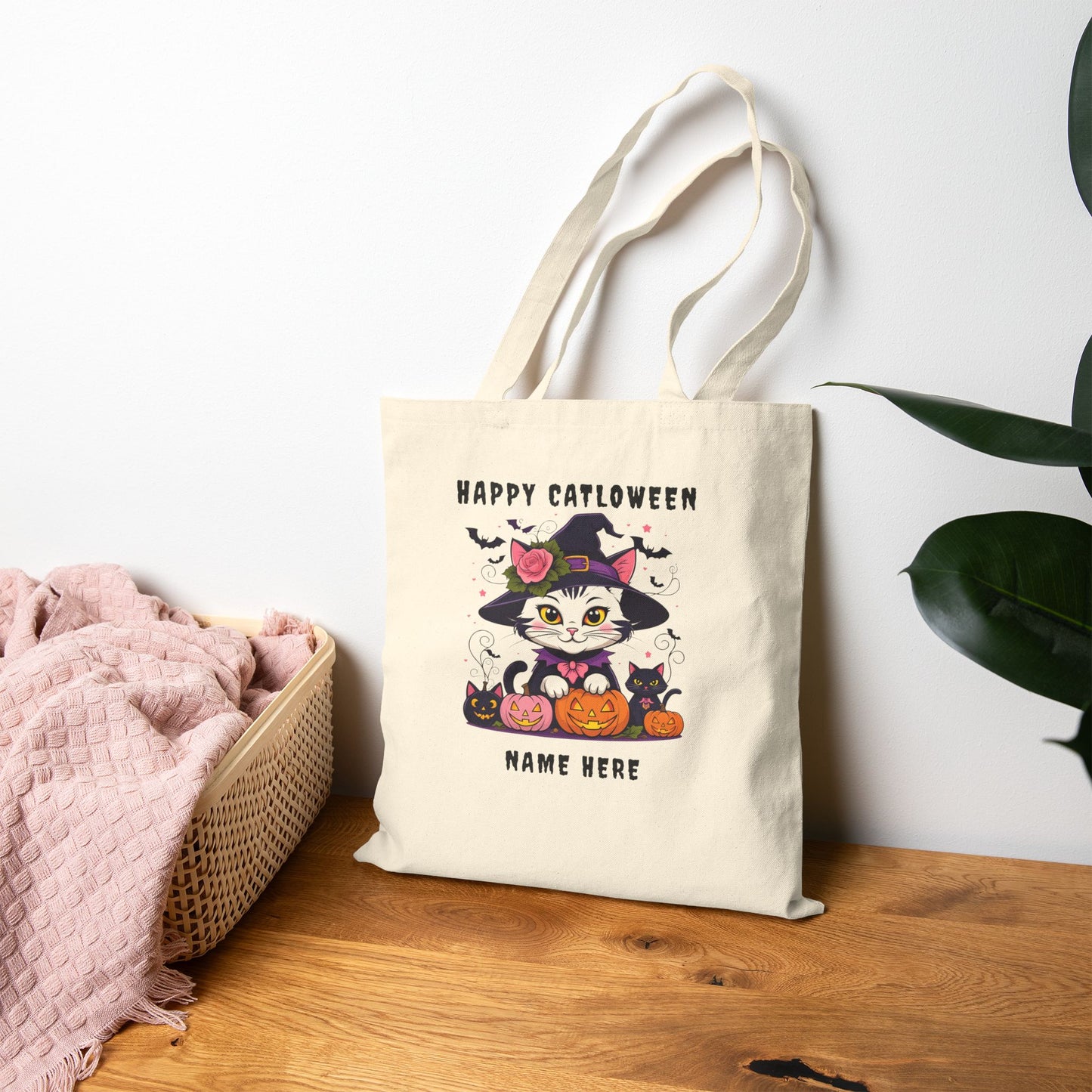 Happy Catlows Tote Bag, Cute Kid Halloween Tote, Personalized Canvas Bag, Trick or Treat Bag, Eco-Friendly Shopper